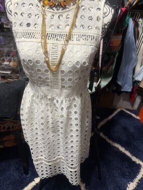 White Eyelet Midi Dress with Fitted Waist